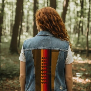 Puede incluir: Un chaleco vaquero con un panel trasero estampado. El panel trasero presenta rayas verticales en rojo, naranja y amarillo, con un fondo marrón y un patrón en zigzag. La persona lleva una camiseta blanca. El chaleco se lleva en un bosque.