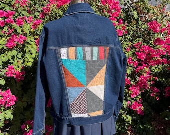 Oversized jeansjack met vintage quilt - boho-chic denim, maat Large