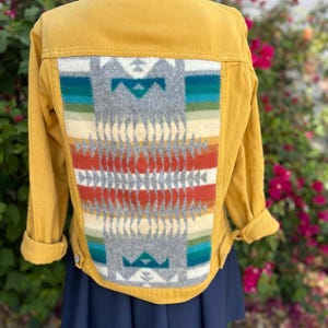 Reimagined Mustard Denim Jean Jacket with Pendleton® Chief Joseph Gray Blanket – Southwestern Cowgirl Style, Size Small ***FREE SHIPPING**