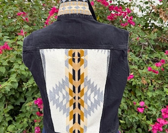 Maat M Pendleton Wool Black Old Navy Denim Vest Southwestern Cowgirl Style,