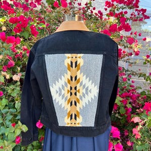 Reimagined Black Denim Jean Jacket with Pendleton® Rancho Arroyo Silver Wool and Leather– Southwestern Cowgirl Style ***FREE SHIPPING**