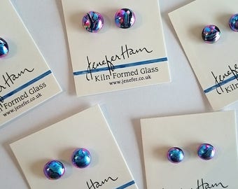 purple rainbow Dichroic Stud Earrings! colorful dichroic glass with sterling posts made by Jenefer Ham