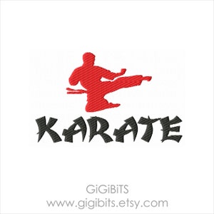 May include: Red silhouette of a person performing a karate kick with the word "KARATE" in black stylized lettering below.