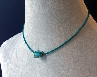 Vintage Bead Necklace- Turquoise Colored Art Glass Seed Beads