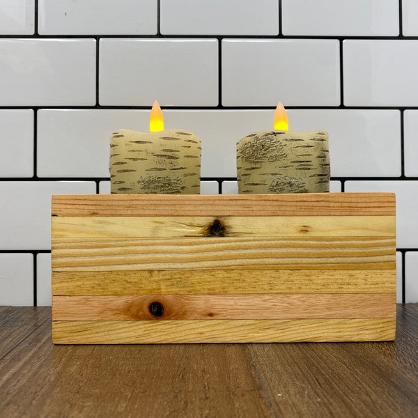Bougeoir pour photophore/bougie chauffe-plat en bois de récupération avec une ou deux bougies sans flamme en cire véritable écorce de bouleau INCLUS