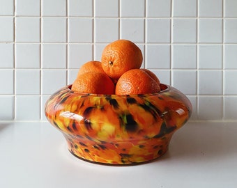 Vintage Bohemian Glass Bowl by Kralik Art Deco, Orange Yellow Red Blue Splatter, Kralik Czech