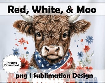 Vaca patriótica de las Tierras Altas PNG: Bandera de EE. UU., Diseño de sublimación (Descarga digital)