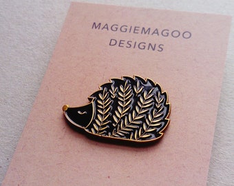 Hedgehog enamel pin brooch, black and gold metal