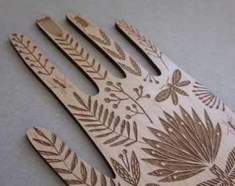 Wooden hand decoration, etched laser cut design in a folk art style, tattoo hand, jewellery, ring stand