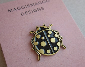 Ladybird enamel pin brooch, beetle badge, black and gold metal