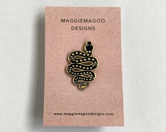 Snake enamel pin brooch, black and gold metal, serpent folk design