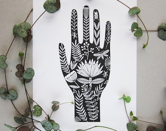 A5 art print, tattoo hand folk art illustration