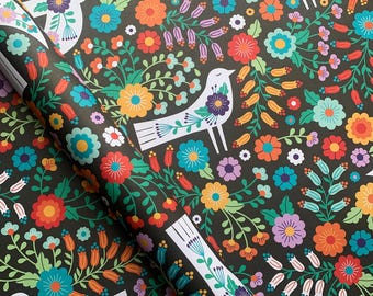 Folk birds & flowers gift wrap, wrapping paper, colourful sheet wrap