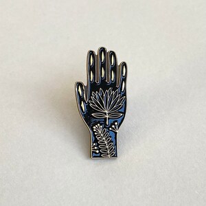 Hand enamel pin, tattoo folk design, black and gold metal brooch image 2
