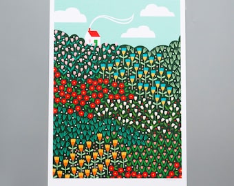 House on a hill Illustrated A4 Print