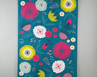 Teal floral illustrated tea towel