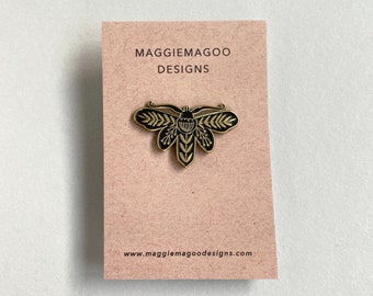 Moth design enamel pin brooch, black and gold metal