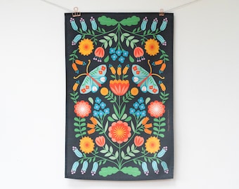 Patterned Moths & Flowers Tea Towel