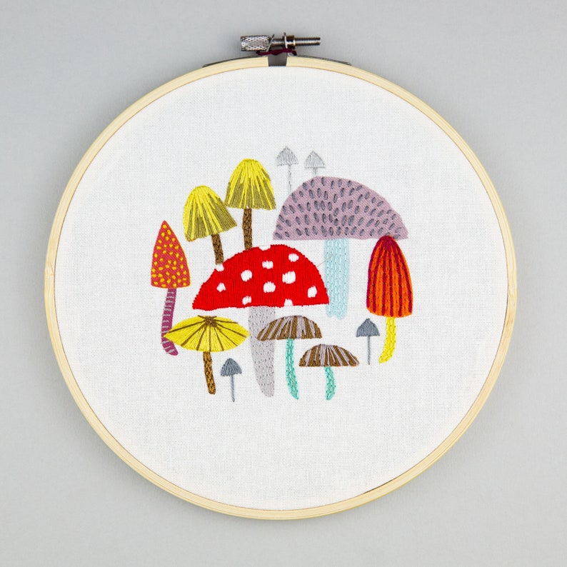 DIY embroidery printed fabric, mushroom & toadstools design to stitch yourself at home image 2