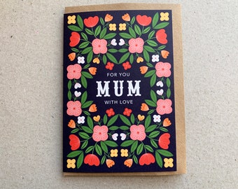 Carte pour maman, For Mum With Love, motif floral folklorique