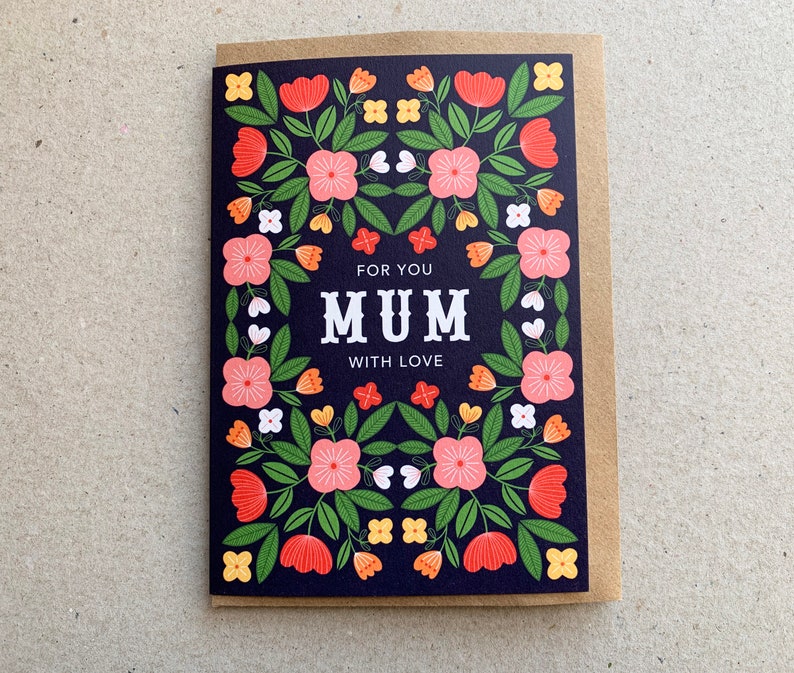 Mum card, For Mum With Love, folky floral design image 1