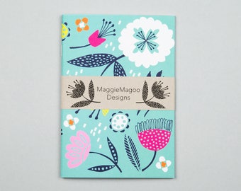 A6 aqua floral notebook, bright patterned journal