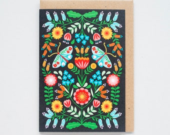 Bright Folk Flowers & Moths Black Greetings Card
