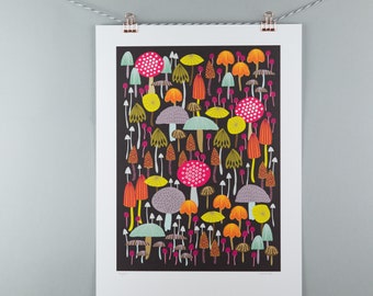 A3 wall art print. toadstool & mushroom illustration