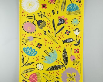 Mid Century yellow floral printed tea towel