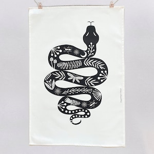 Folk snake tea towel, black and white print, serpent design