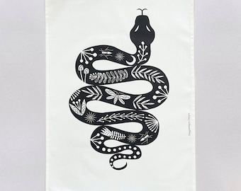 Torchon folklorique serpent, imprimé noir et blanc, motif serpent