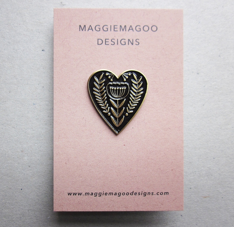 Heart enamel pin brooch, black and gold metal, folk design image 2