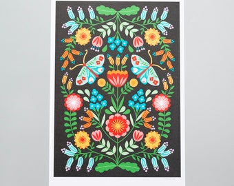 Moths and Flowers on black illustrated A4 Print