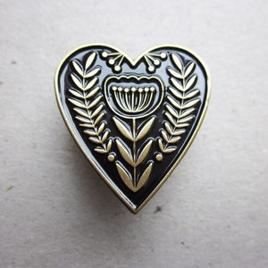 Heart enamel pin brooch, black and gold metal, folk design image 1