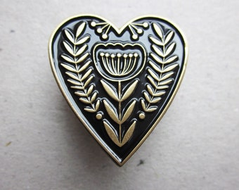 Heart enamel pin brooch, black and gold metal, folk design