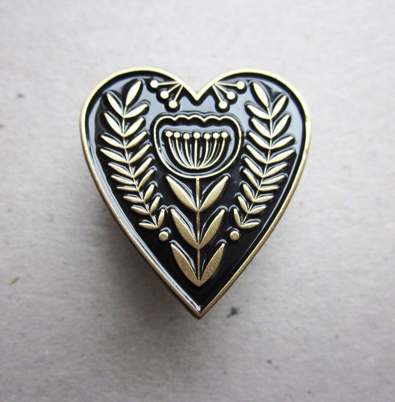 Heart enamel pin brooch, black and gold metal, folk design image 1