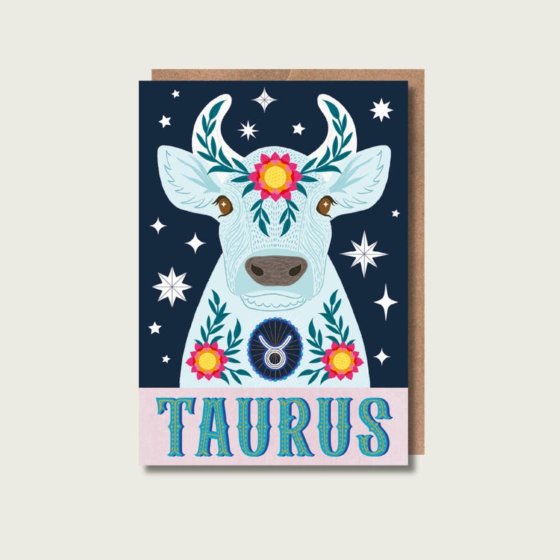 Taurus the bull star sign card. A blue bull on a dark background with stars and flowers, with the word Taurus at the bottom of the card in a decorative font.