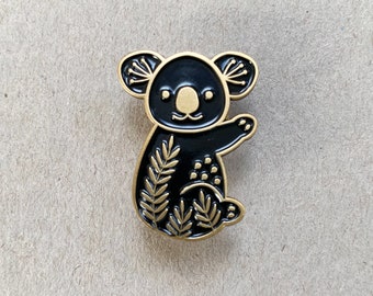 Koala enamel pin brooch, black and gold metal