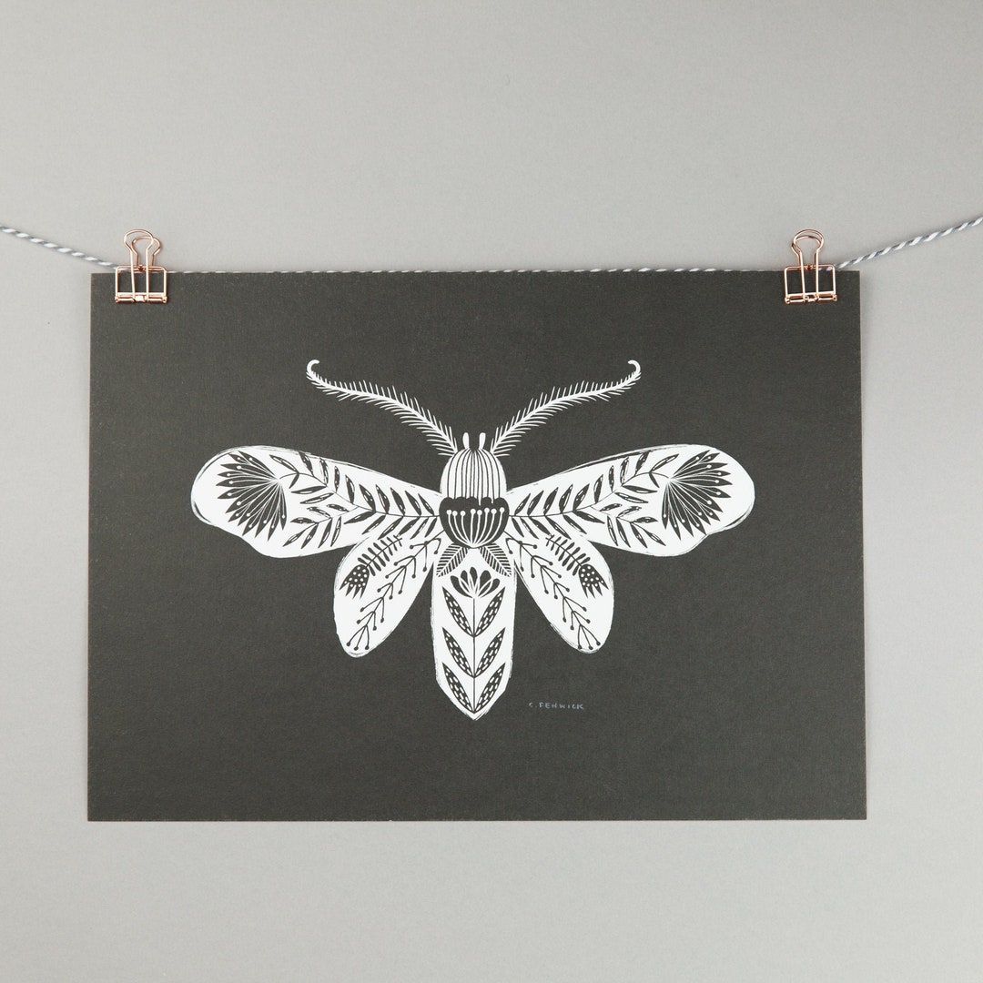 A4 Art Print, Folk Art Moth Illustration With Black Background - Etsy