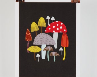 A5 art print, toadstool and mushrooms contemporary illustration