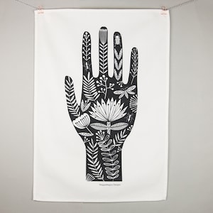 Folk hand tea towel, black and white print, palmistry design