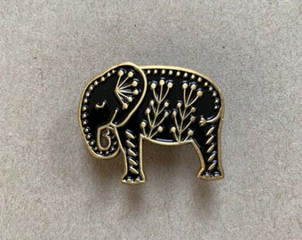 Elephant enamel pin, black and gold metal brooch