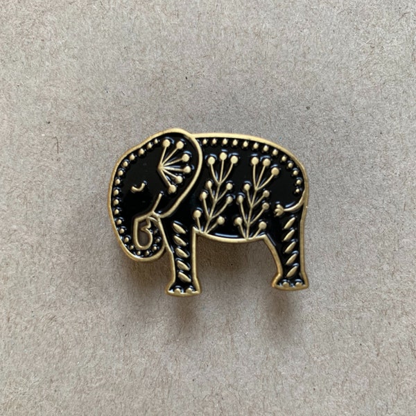 Elephant enamel pin, black and gold metal brooch