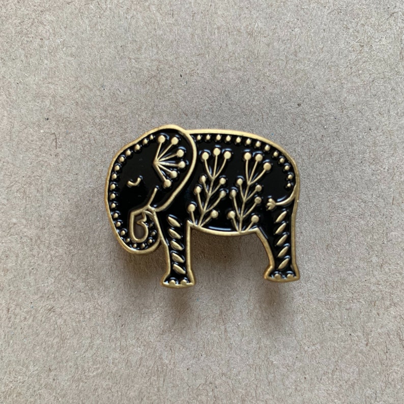 Elefant Emaille Pin, schwarz-goldene Metallbrosche Bild 1