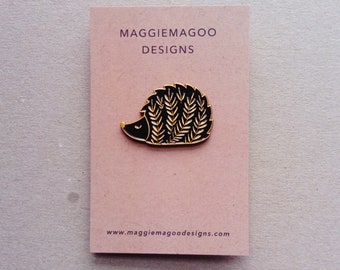 Hedgehog enamel pin brooch, black and gold metal