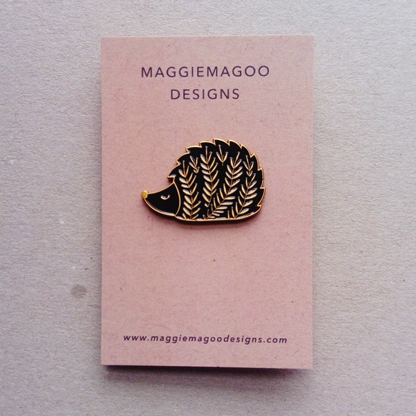 Hedgehog enamel pin brooch, black and gold metal