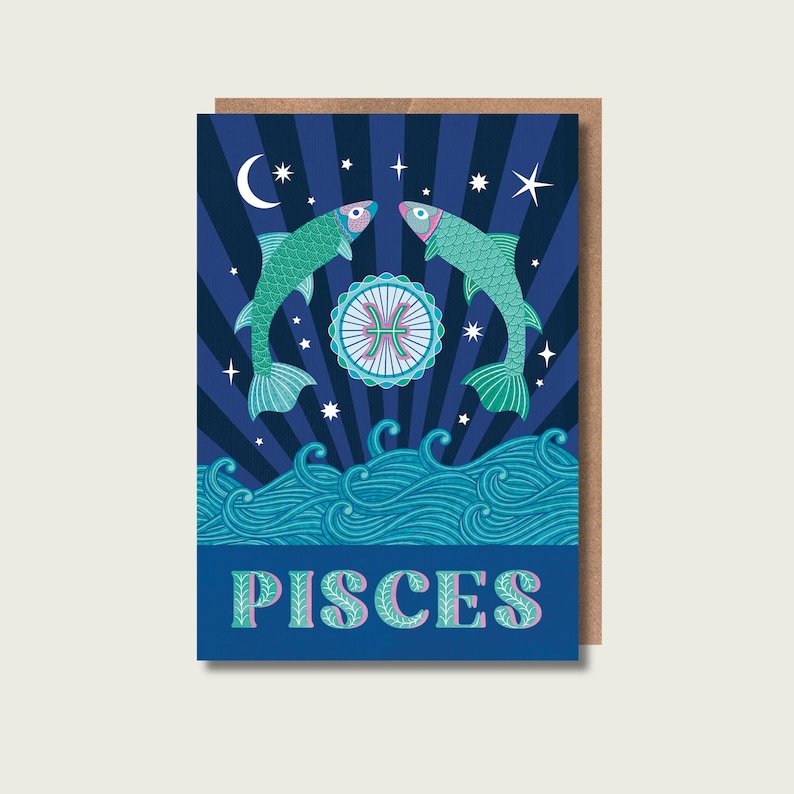 Pisces the fish zodiac card, featuring 2 fish leaping from waves above the word Pisces in a decorative font.