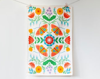 White Moths & Flowers Patterned Tea Towel