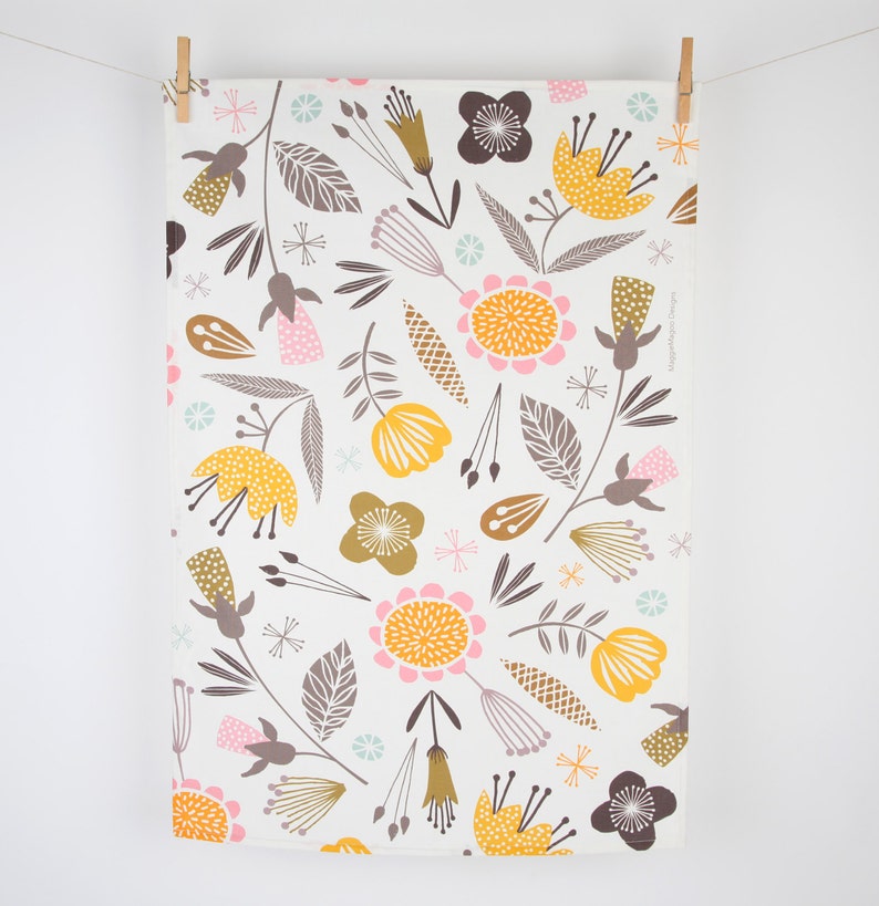 Woodland whimsical floral illustrated tea towel image 1