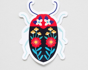 Illustrated Floral Beetle Die Cut Sticker